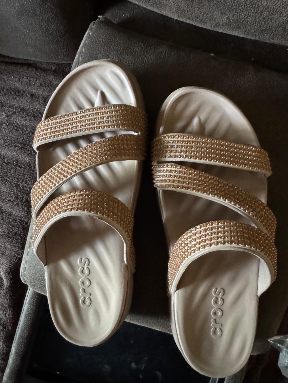 CROCS Women’s Gold Crystal Three-Strap Slide Sandals